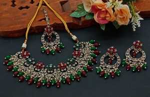 New Design Gold Plated Traditional <b>Drop</b> <b>Pearl</b> & Stone Studded Earring Mangtika Choker <b>Necklace</b> Set & Jewellery Set for Women - Product Image 5