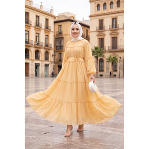 Vestido Elegante de Gasa Amarillo con Detalle Fruncido y Cintura Elástica Transpirable para Oficina, Talla XS para Día de Club, OEM/ODM - Product Image 1