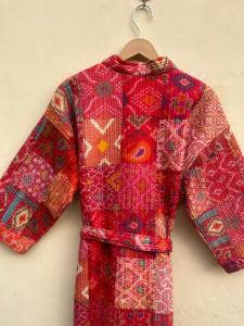 Handmade Cotton Sari Kantha Coat Vintage Style Long Patchwork Jacket Embroidered Print Design <b>Double</b> Breasted Knitted Breathable - Product Image 6