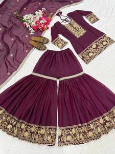 Women's Indian Sequin Embroidered Sharara Gharara <b>Kurti</b> Set Pakistani Designer Ethnic Wear Party 3 Pcs Georgette Fabric - Product Image 3