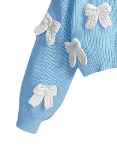 Customized Women Sky Blue <b>Cropped</b> Knit Cardigan Sweater With <b>White</b> Bow Applique V Neck Button Front Cute Winter Fashion <b>Top</b> - Product Image 6