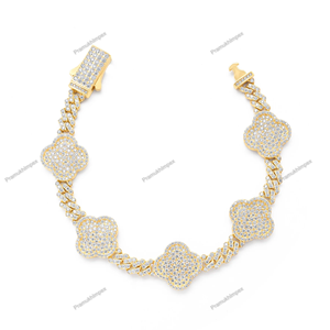 Plata de Ley 925 chapado en oro amarillo corte redondo VVS Moissanite diamante completo Iced Out Hip Hop estilo rapero pulsera de trébol cubano - Product Image 1