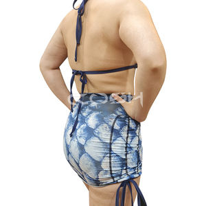 Top de Bikini Halter con Escote Profundo y Estampado de Escamas Azules de Moda, con Falda Mini Ajustable con Cordón en la Cintura - Product Image 6