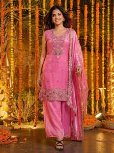 Indian Ethnic Wear Fandy Silk Material Salwar Kameez Suit with Bids Embroidery <b>Sequence</b> Treads Work Suit with Fancy Dupatta - Product Image 2