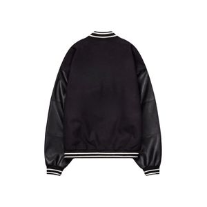 Chaqueta de bombardero universitaria para hombre, ropa de abrigo negra de gran tamaño con mangas de piel sintética y ribete de costilla y logotipo trasero bordado - Product Image 6