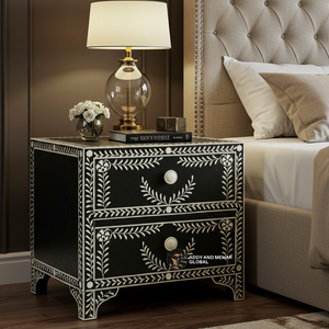Luxury <b>Black</b> Bone Inlay Nightstand with Floral Design Handcrafted <b>Bedside</b> <b>Table</b> with Two Drawers - Product Image 6