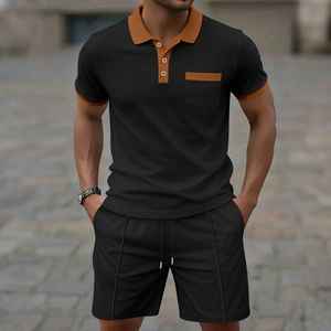 2025 <b>summer</b> new <b>men</b> waffle pocket color matching POLO <b>shirt</b> short sleeve <b>shirt</b> Cotton T-<b>shirt</b> shorts breathable two piece sets - Product Image 2