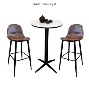 Ensemble de bar contemporain avec table de bar ronde à plateau en pierre et 2 chaises rembourrées en similicuir - Product Image 4