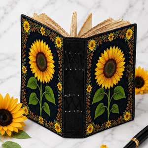 Diario de cuero hecho a mano Sunflower, Grimoire amarillo, Libro de las Sombras con borde deshilachado y cerradura antigua, Regalo para escritura y viajes - Product Image 6
