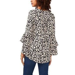 Camicetta da donna Vince Camuto con maniche a volant e scollo a V, design geometrico inciso, ricamata in popeline chiffon, vestibilità ampia, nera, taglia XL, per primavera/estate - Product Image 2