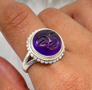 Anillo de cara de luna de amatista hecho a mano, anillo de cara tallada de Plata de Ley 925, joyería de amatista Bohemia - Product Image 3