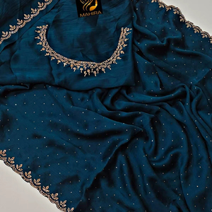 Tissu en satin de mousseline doux, magnifique sari ethnique bleu, tendance, export, dernier modèle, chemisier exclusif, tenue de fête de mariage pour femmes - Product Image 1