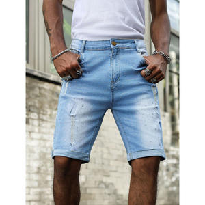 Short en jean déchiré personnalisé léger pour hommes Streetwear Rhinestone Hip Hop Jorts à ourlet plié au genou Fournisseur de mode - Product Image 5