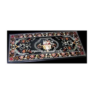 Rectangle Shape with Handmade Pietra Dura <b>Polished</b> <b>Black</b> Marble Inlay Coffee Table Top Use for Center Table Top and Home Decor - Product Image 1