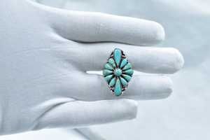 Handmade Turquoise and <b>Sterling</b> <b>Silver</b> <b>Adjustable</b> <b>Ring</b> - Statement Cluster <b>Ring</b> for Women - Product Image 5