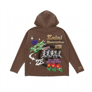Heavyweight 400GSM Cotton Blend <b>Fleece</b> Zipper Hoodie <b>Brown</b> Panel Style Custom Embroidery Print Logo Casual Wear - Product Image 2