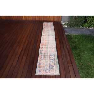 Alfombra Vintage de 1.5x8.7 pies, Alfombra Turca, Alfombra de Lana con Estampado Animal Azul y Naranja - Product Image 2