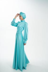 ชุดเดรสอิสลามอบายะห์สลิมฟิตพร้อมผ้าโพกศีรษะสีฟ้าสำหรับผู้หญิงจากผู้ผลิต - Product Image 5