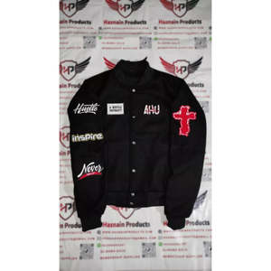 VESTE BOMBER VERISTY EN LAINE NOIRE avec broderie personnalisée en cuir PATCHES PERSONNALISÉS Veste VERISTY HOMME avec lettres et matériau de qualité supérieure - Product Image 1