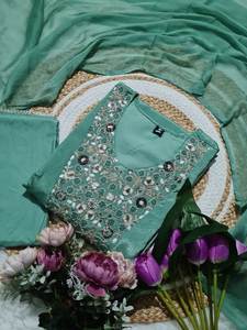 Viscose Chinon Embroidered Suit Set Sequence Work Kurti & Nazmin Silk Dupatta Ethnic Wear for <b>Women</b> <b>S</b> to XXL - Product Image 5