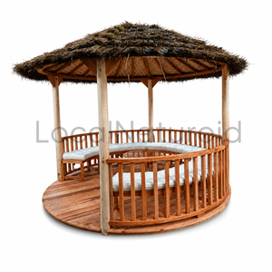 Pergola ronde en chaume, gazebo en bambou, pavillon en bois, patio extérieur avec bancs rembourrés - Product Image 3
