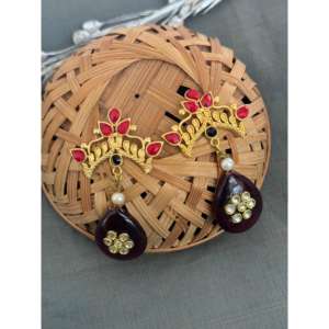 Pendientes florales de oro rojo hechos a mano con piedra en forma de lágrima, joyería colgante tradicional para mujer, ropa festiva y de boda - Product Image 2