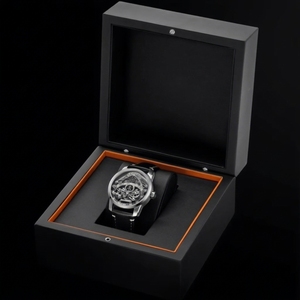 Caja de Reloj de Madera Negra Mate con Detalles Naranjas, Estuche de Lujo para Reloj Mecánico de Una Sola Ranura, Personalizable con Logotipo, Venta al Por Mayor - Product Image 1