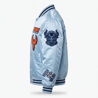 Blouson Bomber en Satin Personnalisé pour Homme Bleu Glace Marine avec Patchs en Chenille Brodés Logo Personnalisé OEM Streetwear