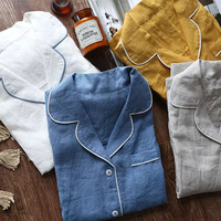 Ensemble de pyjama thermique en lin grande taille col en V vêtements de détente imprimé chemise courte pantalon usage domestique tenue en lin solide respirant hiver