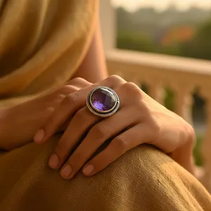 Anillo de cóctel de amatista para mujer, plata 925, engaste vintage, joyería de uso diario, marca fabricada en Rajasthan - Product Image 1