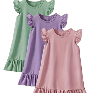 Bán Buôn Mùa Hè Màu Rắn Ruffle Hem Giản Dị Rung Tay Áo Dress Set T-Shirts Cô Gái Thời Trang Váy Dài TEE Made Trong Bangladesh - Product Image 1
