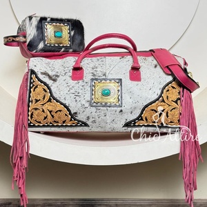 2025 Venta caliente diseñador mujer moda cuero mecanizado a mano gran capacidad piedra turquesa bolsa de lona y neceser de piel de vaca conjunto - Product Image 1