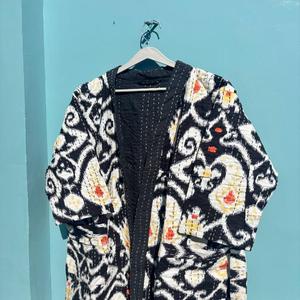 Wholesale Indian Cotton <b>Velvet</b> Kantha Style Maxi Gown Dress Handmade Black Ikat Print Robes Women's Kimono Bathrobe Plus Size - Product Image 6