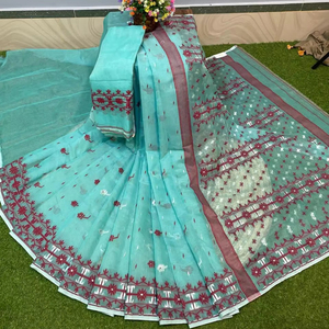 Sari JAMDANI Exclusivo Plus Ecológico de Secado Rápido, Ligero, Estilo Liso, Prenda para Niñas para Bodas y Vestidos - Product Image 1