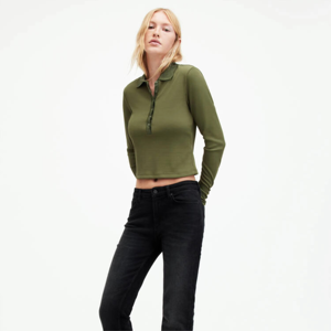 Women's Olive <b>Green</b> Polo Neck <b>Long</b> <b>Sleeve</b> <b>Crop</b> <b>Top</b> Slim Fit Solid Color Casual Knitted Shirt - Product Image 2
