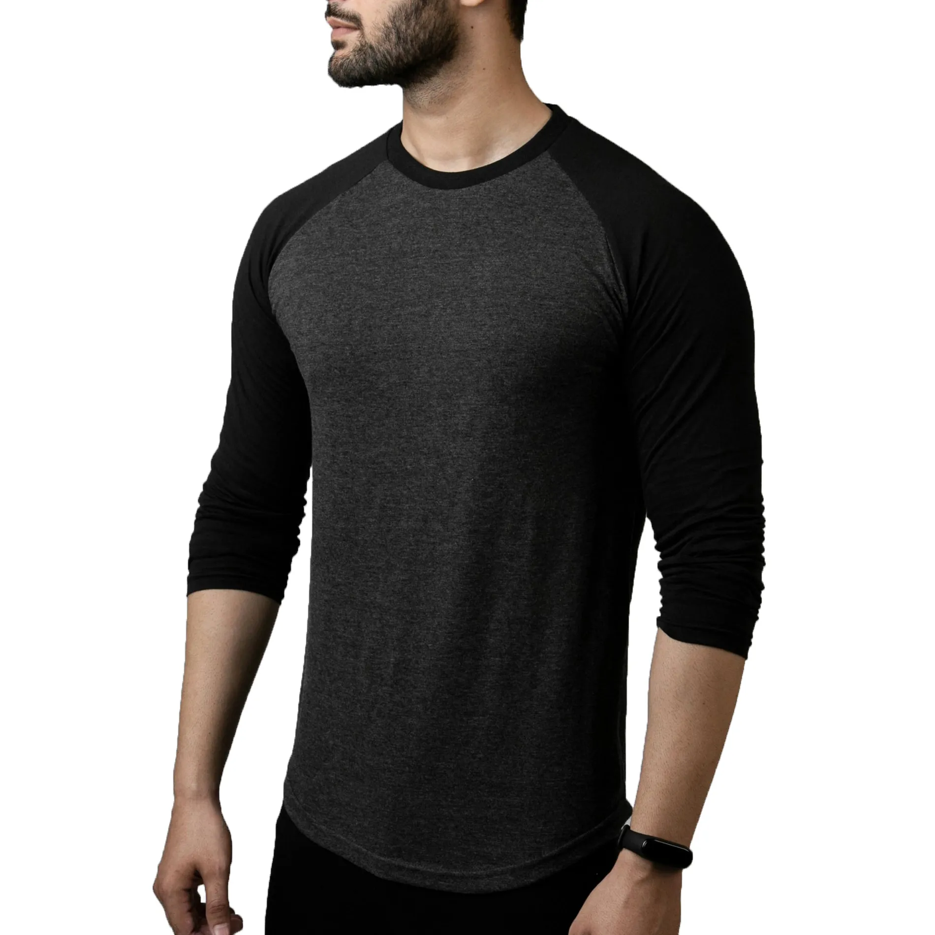 Oem hizmeti yaz spor uzun kollu Raglan dikiş erkek spor T Shirt siyah boyalı gri paneli en iyi tasarım rahat erkek