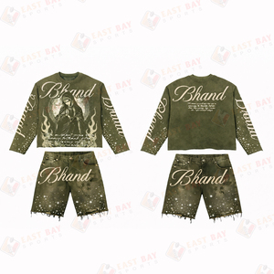 Ensemble T-shirt et short en jean pour homme, coupe ample, délavé à l'acide, col rond, ourlet brut, strass, tenue en jean - Product Image 5