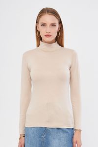 Women's Beige Turtleneck <b>Long</b> <b>Sleeve</b> Knitted Bodycon <b>Top</b> Slim Fit Solid Color Minimalist Style All Seasons Wear - Product Image 3