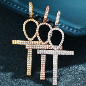 Collar con Colgante Ankh Chapado en Oro Macizo, Cruz con Diamantes Cultivados en Laboratorio, Estilo Hip Hop, Brillante, para Raperos - Product Image 1