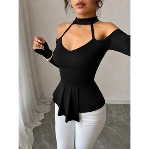 Blusa de viscosa plisada con cuello en V y manga larga, cuello semi-alto y hombros descubiertos para mujer, 37960 - Negro - Product Image 2