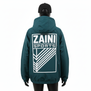 Chaqueta cortavientos para mujer, tejido de poliéster de 120 GSM, color verde azulado con panel frontal negro y logotipo personalizado por transferencia térmica, chaqueta para mujer - Product Image 2