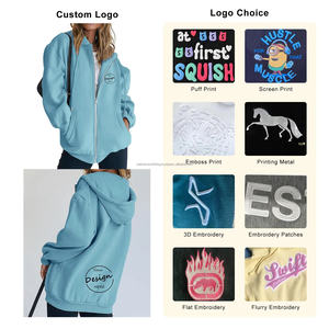 เสื้อฮู้ดผู้หญิงแบบลำลองสีทึบโอเวอร์ไซส์มีซิปออกแบบโลโก้ได้ตามต้องการเทคนิคซักกรดสไตล์สปอร์ต - Product Image 2