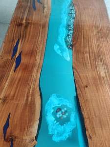 Table à manger rectangulaire moderne en résine époxy artisanale de luxe pour salon, plateau en bois d'acacia, imperméable, cadeau de mariage, personnalisable - Product Image 2