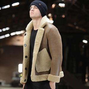 Nouveau manteau d'hiver en peau de mouton en cuir véritable marron pour hommes longueur régulière revers en toile imperméable et respirant - Product Image 5