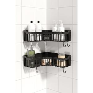 Dual-Tier Modern <b>Black</b> Corner <b>Shower</b> Caddy No-Drilling Installation Hanging Bathroom Shelves Organized Storage - Product Image 5
