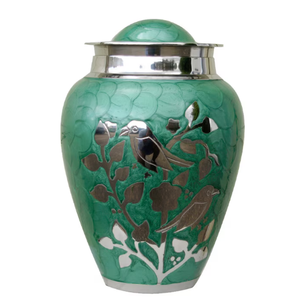 Urna Funeraria Decorativa Verde para Cenizas, Urna de Cremación de Metal Premium con Diseño de Pájaro y Árbol, Elegante Urna de Recuerdo - Product Image 1