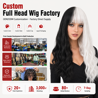 Perruque synthétique Factory Black White Split Dye Water Wave, densité 150%, avec frange, bonnet ajustable, résistante à la chaleur, pour cosplay, Halloween, fête
