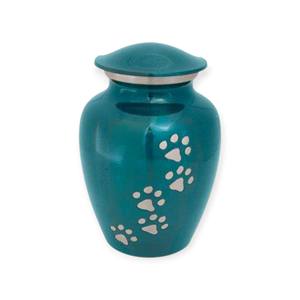 Urne funéraire moderne en métal bleu sarcelle avec empreinte de patte et finition lisse pour la commémoration - Product Image 1
