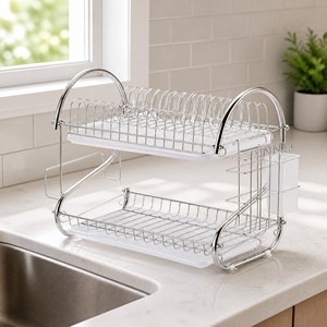 2 Tier <strong>Iron</strong> Dish Drying Rack with Cutlery Holder Cutting <strong>Board</strong> Holder Drip Trays Chrome Plated Finish Kitchen <strong>Storage</strong> - Product Image 2