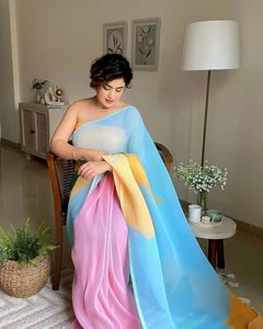 Georgette-ropa de fiesta de estilo bollwood para mujer, Saree de diseñador impreso, último diseño de blusa, India - Product Image 6